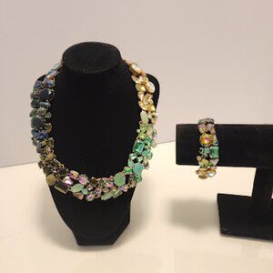 J. Crew Rare Multi-Colored Ombré Crystal Cluster Necklace and Matching Bracelet